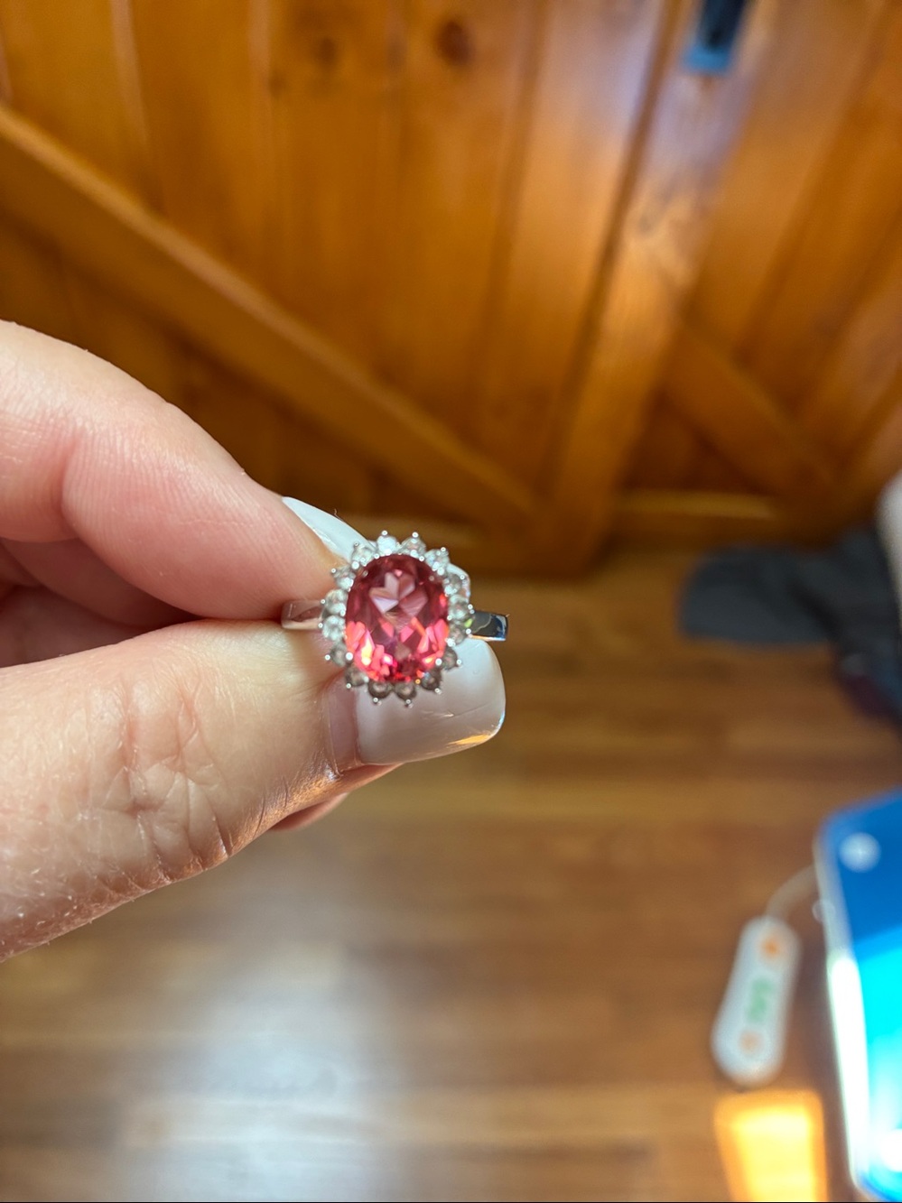 Sterling Silver peach morganite Oval Halo Ring with Clear Accents